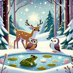 Ein Frosch bleibt wach im Winter und entdeckt das Leuchten des Schnees – Illustration