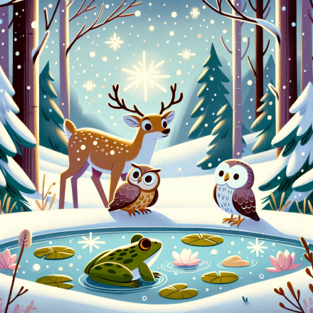 Ein Frosch bleibt wach im Winter und entdeckt das Leuchten des Schnees – Illustration
