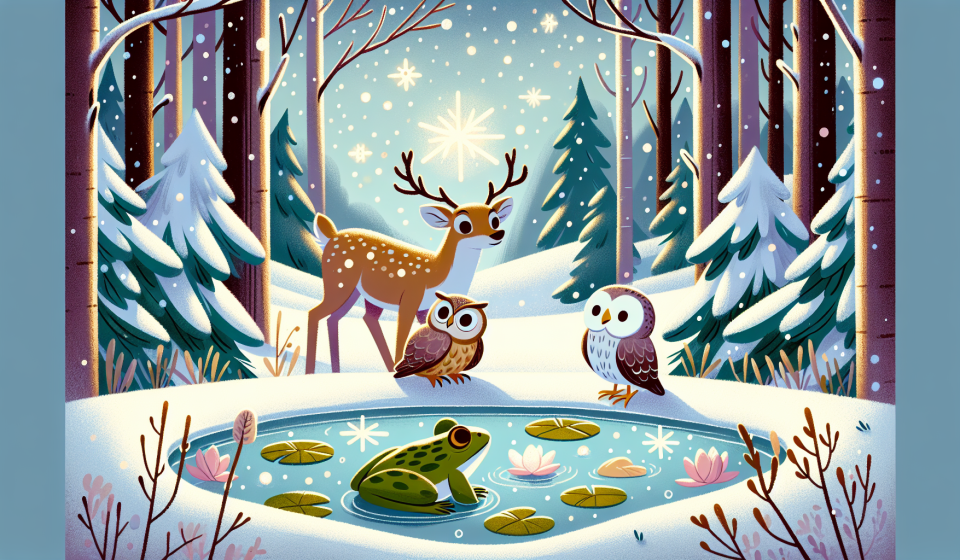 Ein Frosch bleibt wach im Winter und entdeckt das Leuchten des Schnees – Illustration