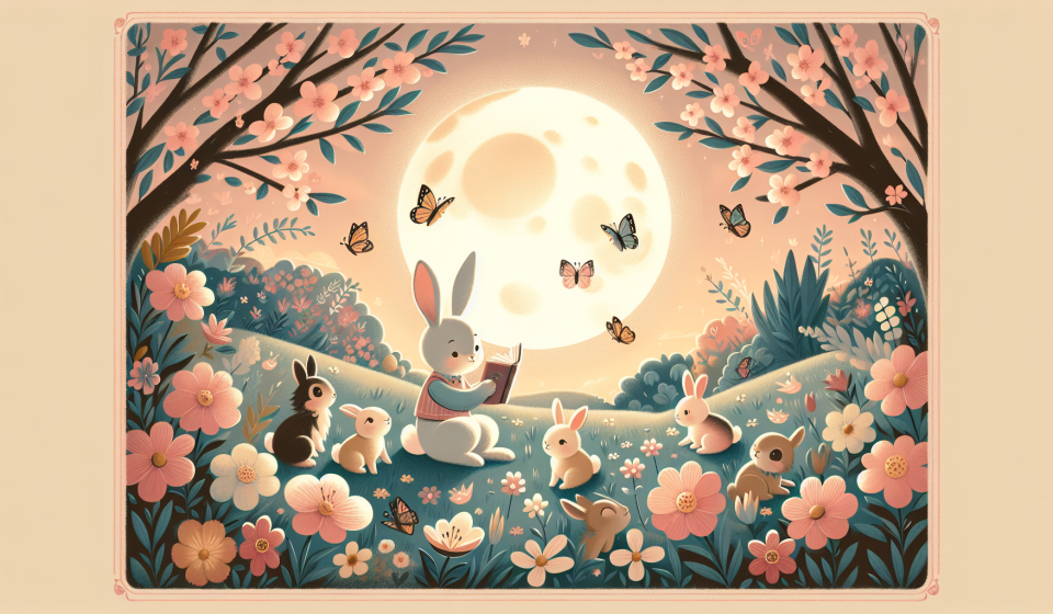 Ein Hase reist im Traum über Wiesen und Wolken – Illustration
