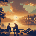 Ein neugieriger Dachs entdeckt nach dem Winterschlaf das Erwachen der Natur Ein Mensch findet Stille und Frieden am Wasser – Illustration