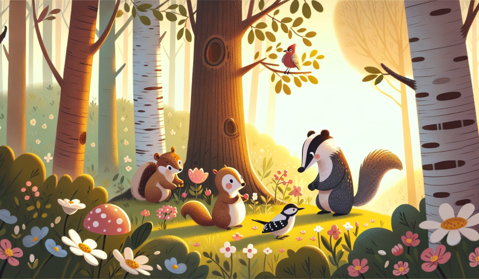 Ein neugieriger Dachs entdeckt nach dem Winterschlaf das Erwachen der Natur – Illustration