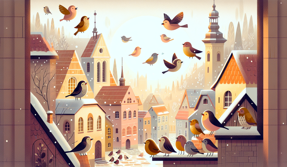 Der Spatzenchor am Dach – Illustration