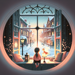 Die Brücke aus Schneelichtern Die Schneefee im Fensterrahmen – Illustration