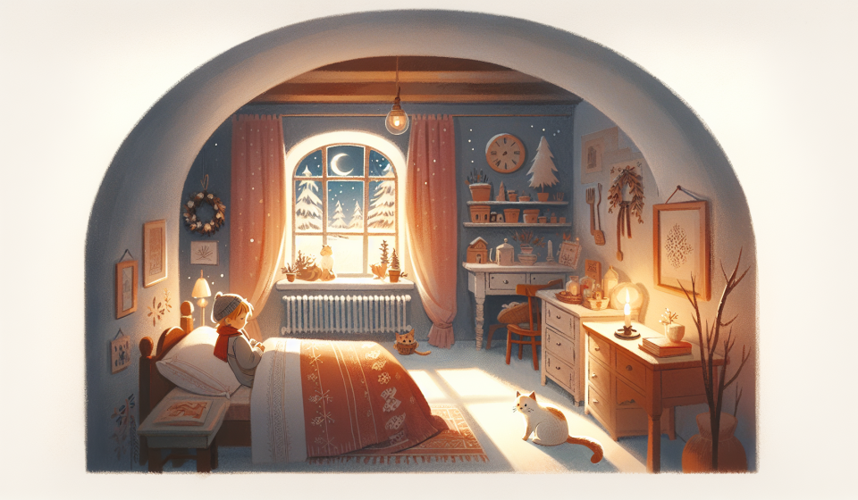 Die Winterkatze am Fußende – Illustration