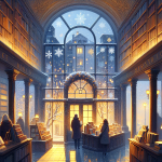 Das Zimmer über dem Weihnachtsmarkt Schnee über der alten Buchhandlung – Illustration