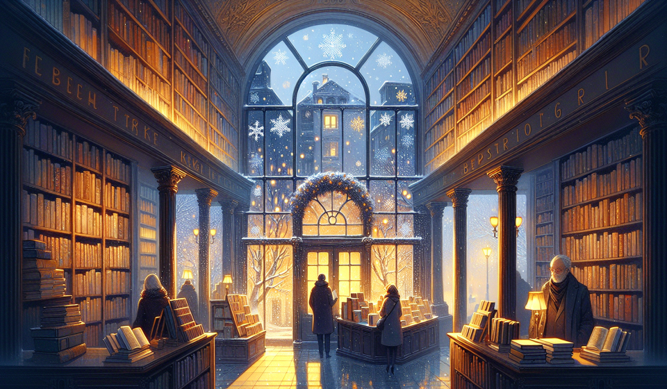 Schnee über der alten Buchhandlung – Illustration