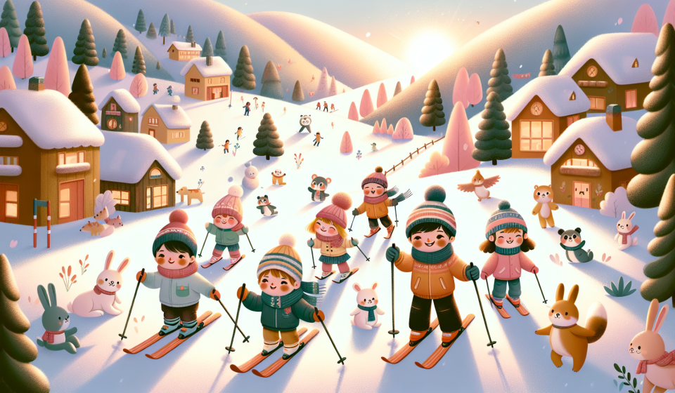 Zusammenhalt bei ersten Skiversuchen – Illustration