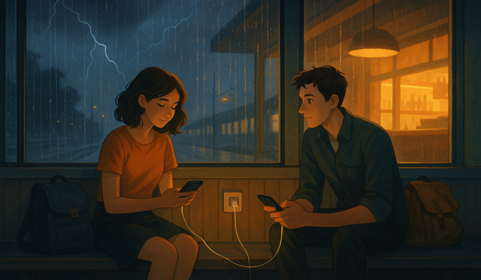 Gewitterpause am Bahnhof – Illustration