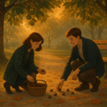 Kastanien sammeln zu zweit – Illustration