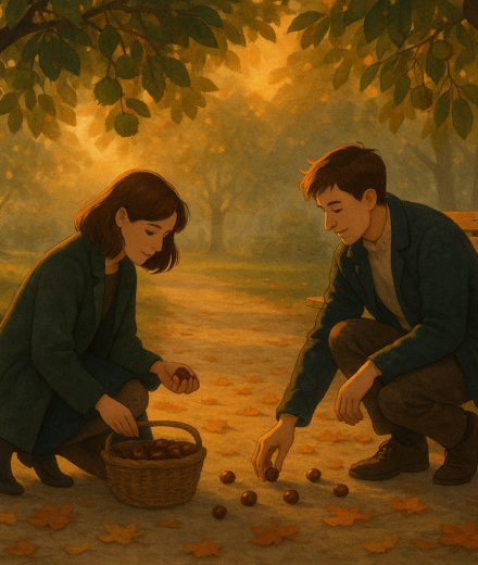 Kastanien sammeln zu zweit – Illustration