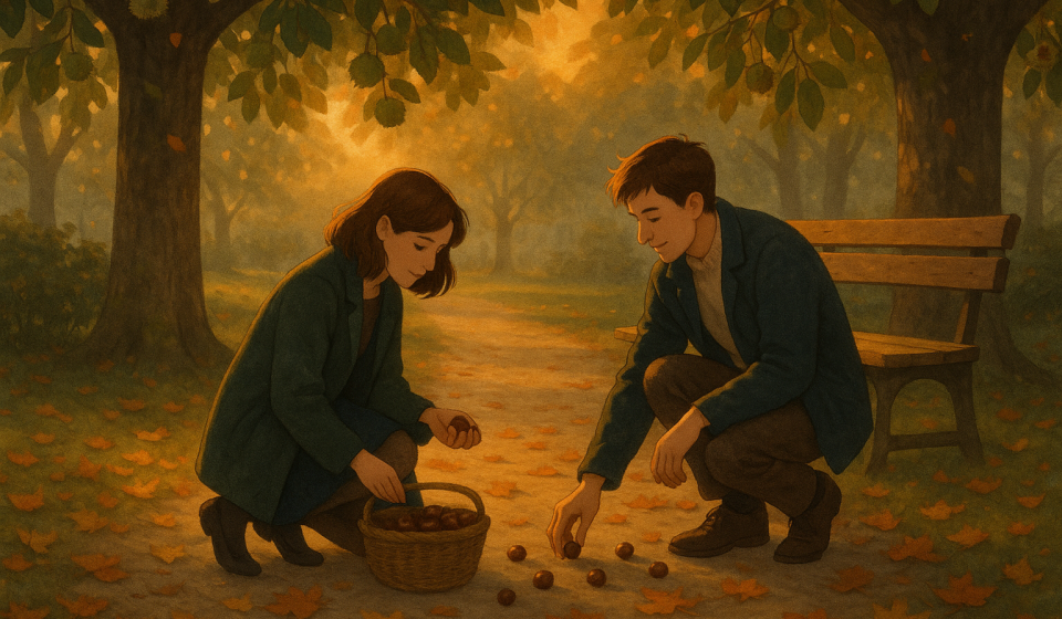 Kastanien sammeln zu zweit – Illustration